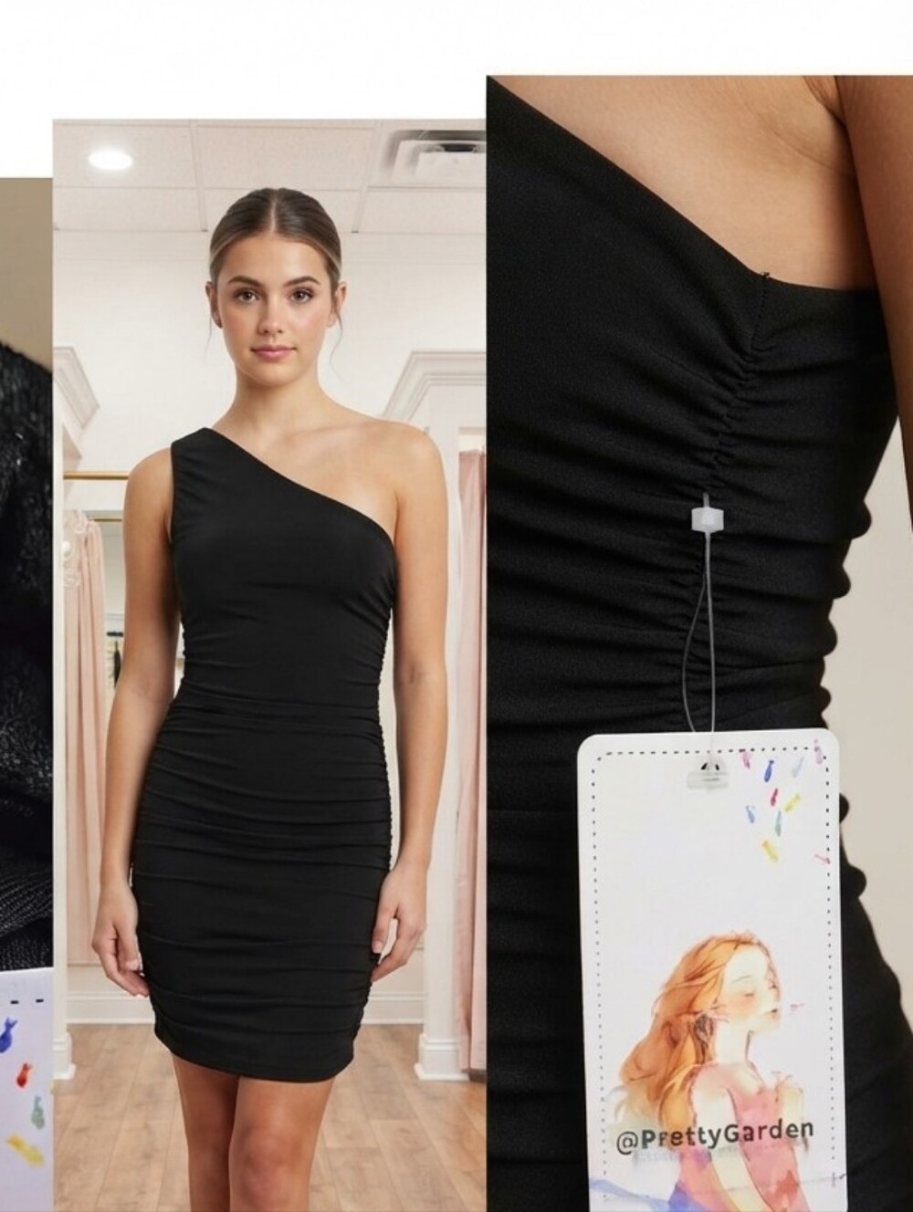 PrettyGarden One-Shoulder Ruched Bodycon Midi Dress Black Medium